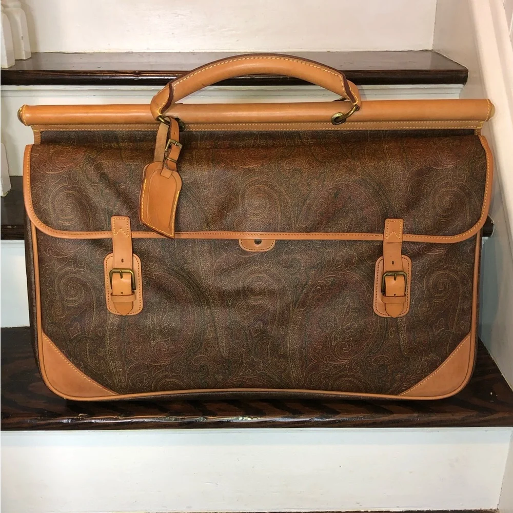 ETRO Milano Red Paisley Coated Canvas Vachetta Double Sides Travel Bag 56cm